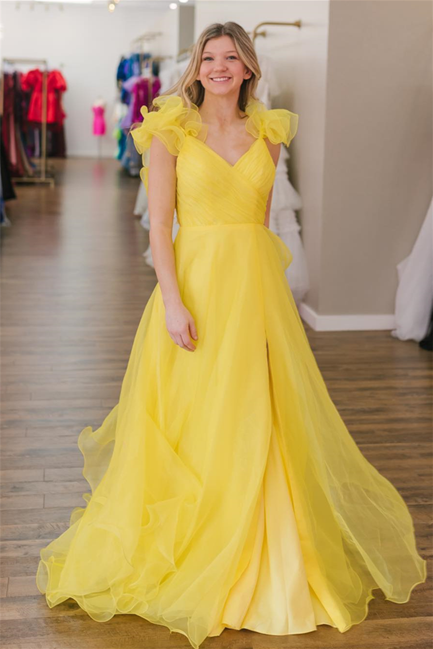 A-line Yellow Surplice Ruffle Straps Tulle Long Prom Dress with Slit