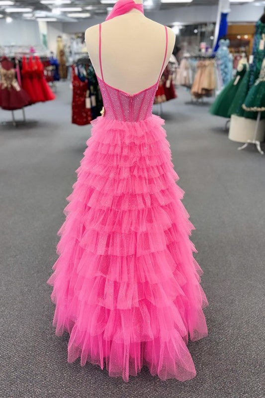 Cute A-Line V Neck Pink Tiered Tulle Long Prom Dresses with Beading